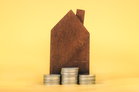 Coins stack and home on yellow pastel background. Business loans for real estate concept. residential finance economy. home property investment. Saving money, working capital. concept for mortgage.の写真素材