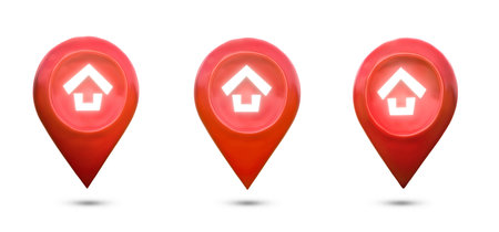 Collection, House symbol with red location pin icon on white background. real estate sale or property investment concept, Buying new home for family - 3d illustration.の写真素材