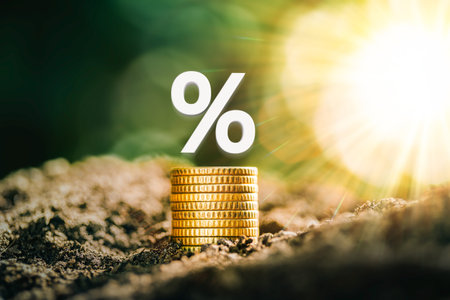 Mortgage rates A pile of coins placed on the table together with interest rate illustrations....