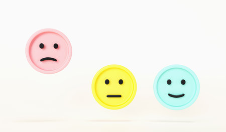 Set of emoji emoticons with sad and happy mood, evaluation, Increase rating, Customer experience, Satisfaction and best excellent services rating concept, Customer service evaluation. 3d render.の写真素材