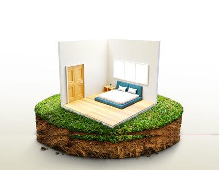 Bed room near big tree on tiny earth land with green grass in real estate sale or property investment concept. ground ecology isolated on light. Isometric low poly part of house. 3d rendering.の写真素材