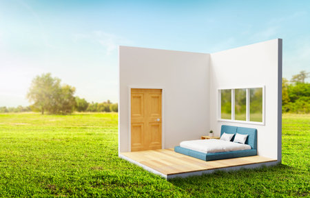 Modern house on earth and green grass with blue sky background in real estate sale or property investment concept, Buying new home for big family - 3d illustration of residential building exterior.の写真素材
