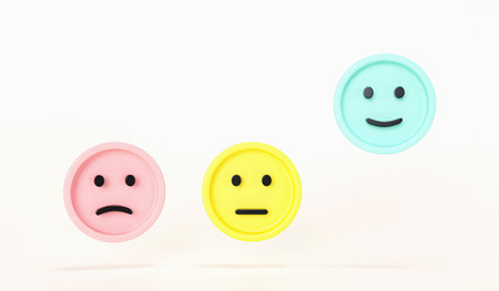 Set of emoji emoticons with sad and happy mood, evaluation, Increase rating, Customer experience, Satisfaction and best excellent services rating concept, Customer service evaluation. 3d render.の写真素材