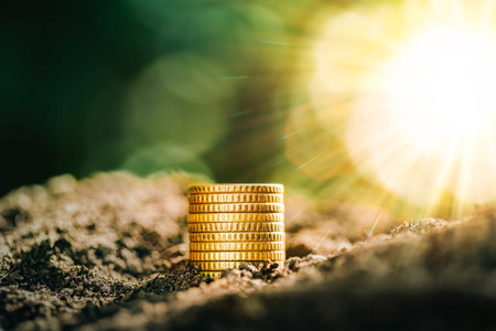Coins placed on the ground, Growing Money - Plant On Coins - Finance And Investment Concept. planning savings money of coins to buy a home concept for property, mortgage and real estate investment.の写真素材