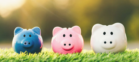 Three piggy banks placed place on the grass. Saving for future investment, retirement concept....