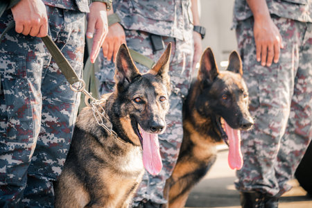 Soldiers from the K-9 unit demonstrate their skills on the green lawns. Dogs can follow orders well. German Shepherd dog stands.の写真素材