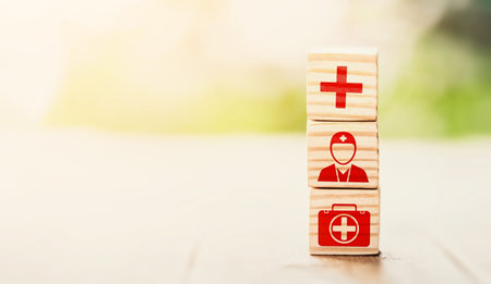 Lay out wooden blocks with icons of medical health. health insurance for your health concept....