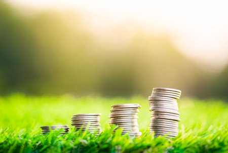 Coins ladder place on the grass planning savings money of coins to buy a home concept concept for property ladder, mortgage and real estate investment. for saving or investment for a house.の写真素材