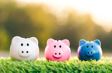 Three piggy banks placed place on the grass. Saving for future investment, retirement concept. planning savings money of coins to buy a home concept for property, mortgage and real estate investment.の写真素材
