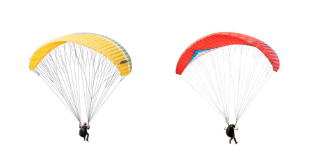 collection Bright colorful parachute on white background, isolated. Concept of extreme sport, taking adventure challenge.の写真素材