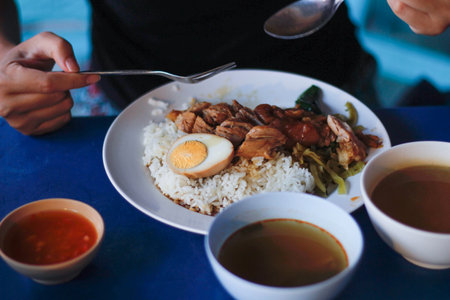 Slow cooked pork leg with steamed rice. With egg. And soups.の写真素材