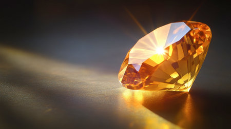 A brilliant-cut topaz gemstone with golden-orange reflections, illuminated under warm lighting.の素材