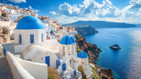 A breathtaking view of Santorini, Greece, with its iconic white-washed buildings and blue-domed churches overlooking the Aegean Sea.の素材