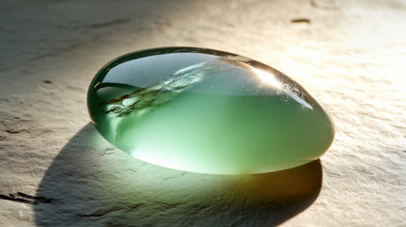 A cabochon-cut jade gemstone, glowing with rich green hues under soft lighting.の素材