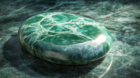 A cabochon-cut jade gemstone, glowing with rich green hues under soft lighting.の素材