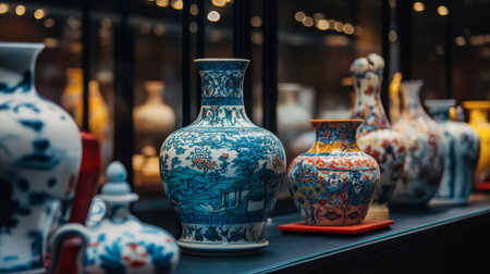 A collectors edition portrait vase, beautifully preserved in a glass case at a museum.の素材