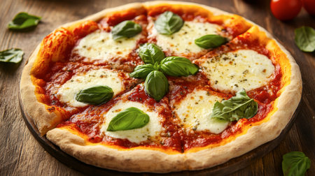 A classic Italian Margherita pizza with fresh mozzarella, basil, and tomato sauce on a wooden table.の素材