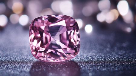A cushion-cut pink tourmaline gemstone sparkling under gentle lighting.の素材