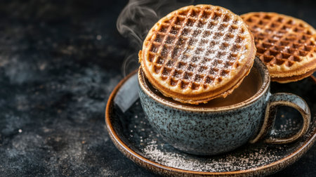 A Dutch stroopwafel, a caramel-filled waffle cookie resting on a hot cup of coffee.の素材