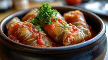 A delicious bowl of Romanian sarmale, cabbage rolls filled with rice and minced meat.の素材
