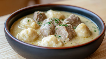 A dish of Czech svkov, braised beef in a creamy vegetable sauce with dumplings.の素材