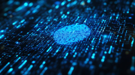 A digital fingerprint scan on a futuristic blue interface, symbolizing identity theft protection.の素材