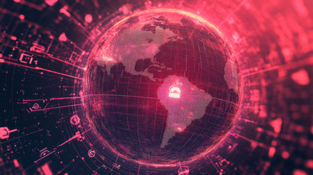 A digital globe surrounded by warning symbols, representing global cyber threats.の素材