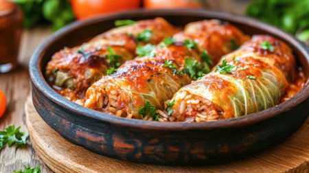 A delicious bowl of Romanian sarmale, cabbage rolls filled with rice and minced meat.の素材
