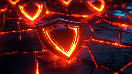 A glowing network of connected security shields protecting digital assets.の素材
