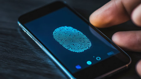 A fingerprint scan on a smartphone screen, symbolizing secure authentication.の素材