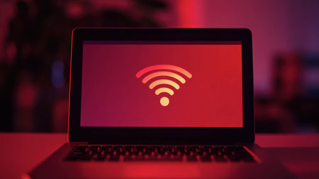 A fake Wi-Fi hotspot warning message appearing on a laptop screen.の素材