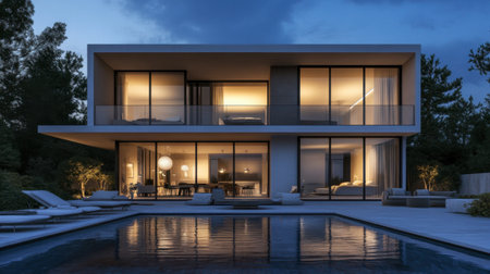 A modern house with an open-concept design, large sliding windows, and an infinity pool.の素材