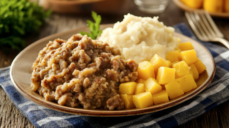 A serving of Scottish haggis with neeps and tatties, a classic national dish.の素材