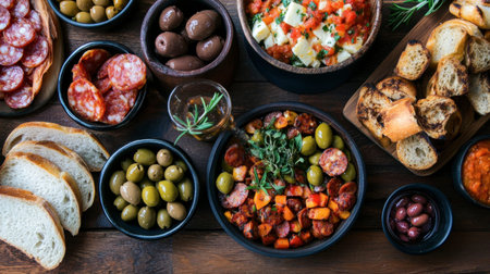 A Spanish tapas spread with olives, chorizo, manchego cheese, and rustic bread.の素材
