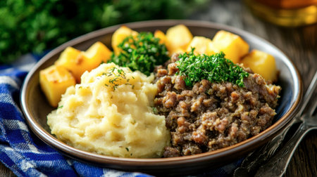 A serving of Scottish haggis with neeps and tatties, a classic national dish.の素材