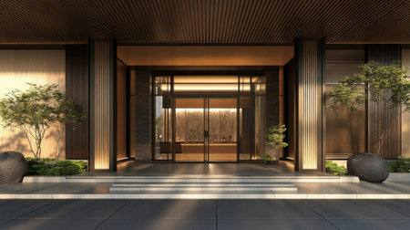 A modern luxury hotel with a sleek, minimalist entrance and glass-front lobby.の素材