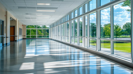 A state-of-the-art hospital with a clean, minimalist design and expansive windows.の素材
