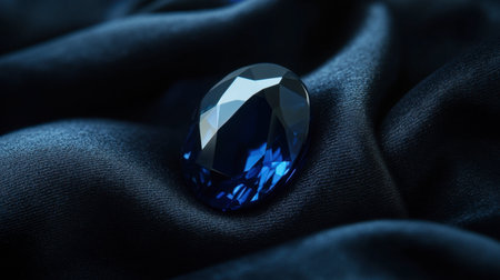 A single, beautiful sapphire gemstone resting on a black velvet surface, reflecting deep blue hues under soft lighting.の素材