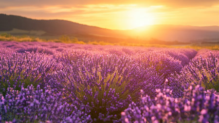The breathtaking lavender fields of Provence, France, in full bloom under a golden sunset.の素材