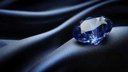 A single, beautiful sapphire gemstone resting on a black velvet surface, reflecting deep blue hues under soft lighting.の素材