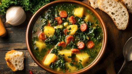 A warm Portuguese caldo verde soup with potatoes, kale, and chorizo.の素材