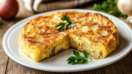 A warm slice of Spanish tortilla, a thick omelet with potatoes and onions.の素材