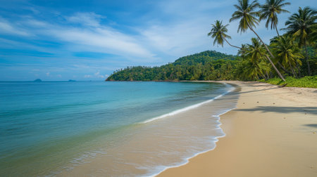 A tranquil beach in Koh Jum, surrounded by coconut trees.の素材