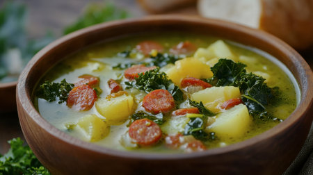 A warm Portuguese caldo verde soup with potatoes, kale, and chorizo.の素材