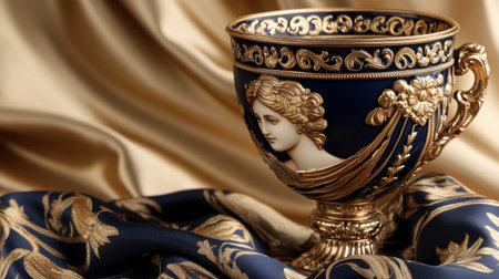 A stunning collectible portrait vase in deep blue and gold, sitting atop an opulent silk cloth.の素材