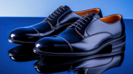 Elegant black leather dress shoes with laces, placed on a reflective surface.の素材