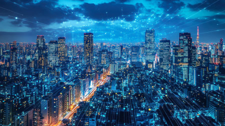 Smart city skyline with AI-powered business analytics displayed in the foreground.の素材