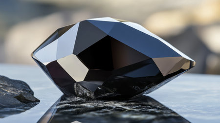 A striking onyx gemstone with a deep black finish, lying on a reflective glass surface.の素材