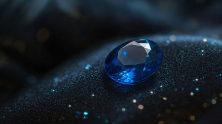 A single, beautiful sapphire gemstone resting on a black velvet surface, reflecting deep blue hues under soft lighting.の素材