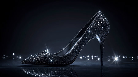 Elegant evening heels with sparkling rhinestones set against a dark background.の素材